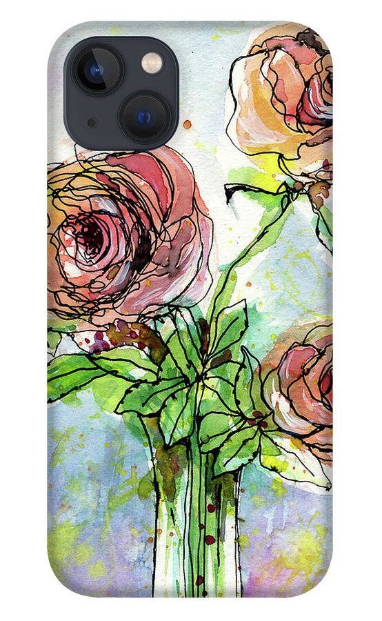 Watercolor iPhone 13 Case featuring the painting Three Roses by AnneMarie Welsh