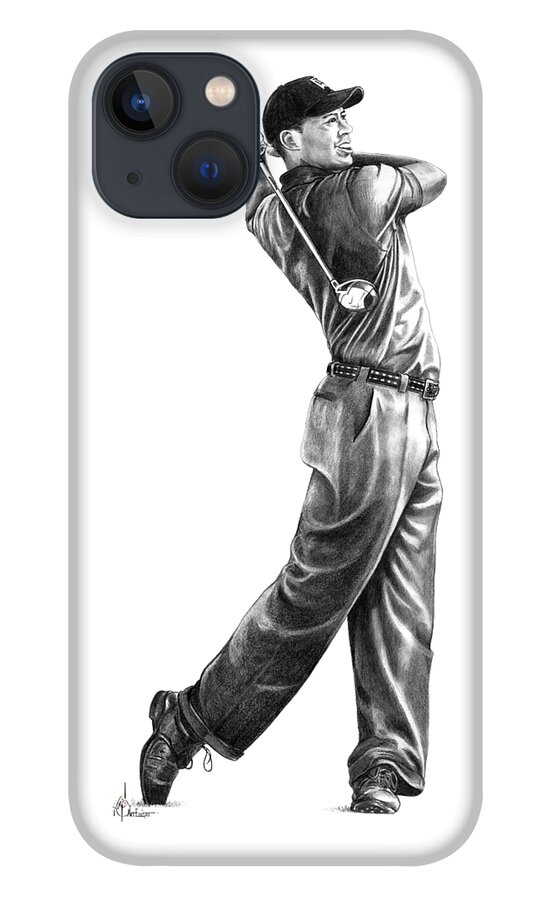 Tiger Woods iPhone 13 Case featuring the drawing Tiger Woods Full Swing by Murphy Elliott