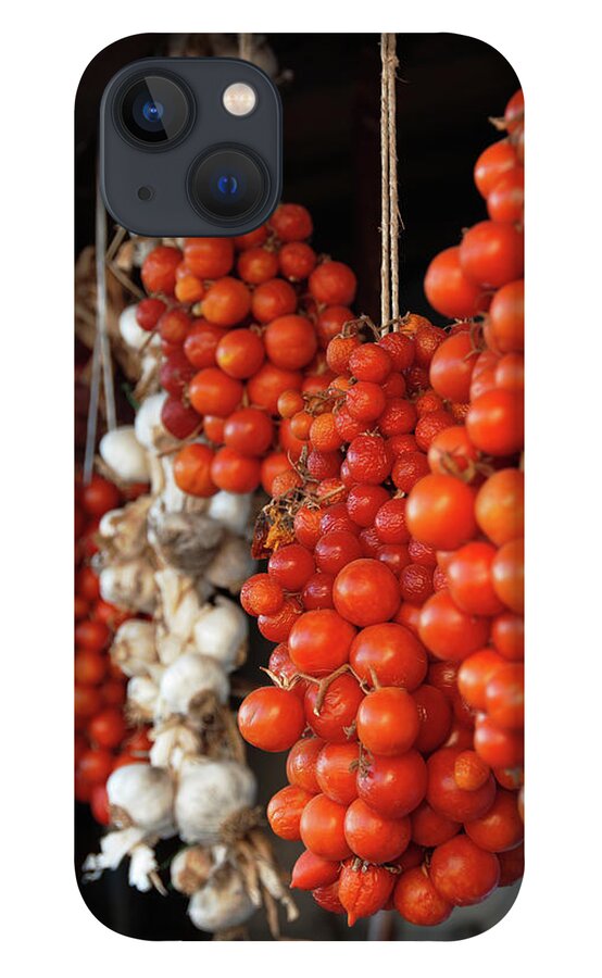 Hanging iPhone 13 Case featuring the photograph Tomatoes, Garlic And Onions Hanging, In by Dallas Stribley