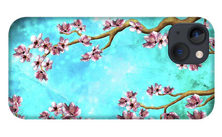 Cherry Blossoms iPhone 13 Case featuring the digital art Tranquility Blossoms in Blue and Pink by Laura Ostrowski