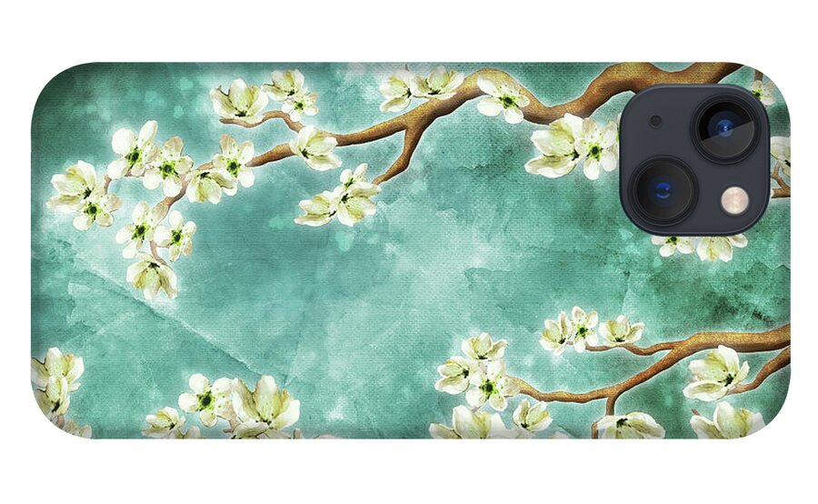 Cherry Blossoms iPhone 13 Case featuring the digital art Tranquility Blossoms in Teal by Laura Ostrowski