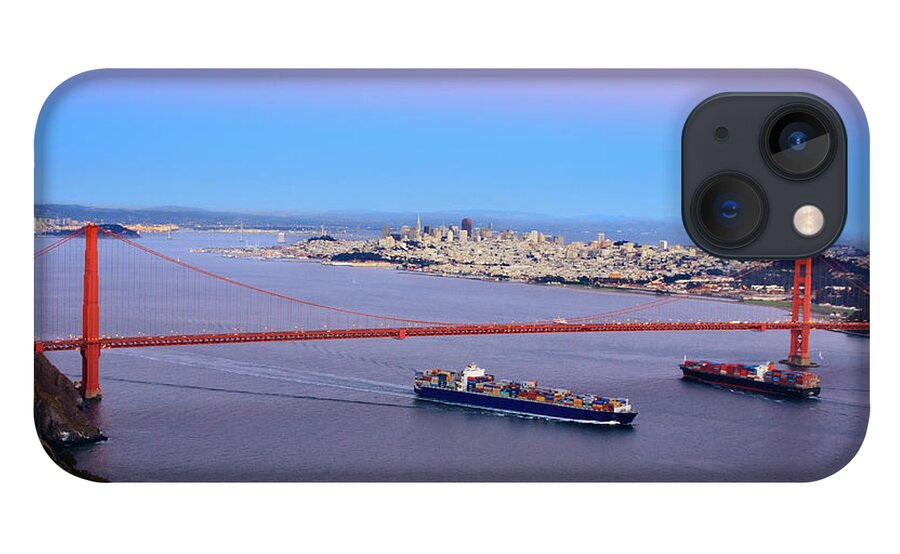 Freight Transportation iPhone 13 Case featuring the photograph Two Container Ships Under The Golden by Geri Lavrov