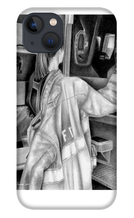 Firefighter iPhone 13 Case featuring the drawing When the Tones Drop by Jodi Monroe