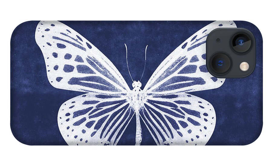 Butterfly iPhone 13 Case featuring the mixed media White and Indigo Butterfly- Art by Linda Woods by Linda Woods
