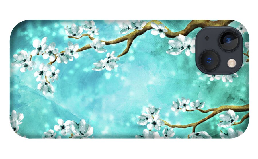 Tranquility Blossoms iPhone 13 Case featuring the digital art Tranquility Blossoms - Winter White and Blue by Laura Ostrowski