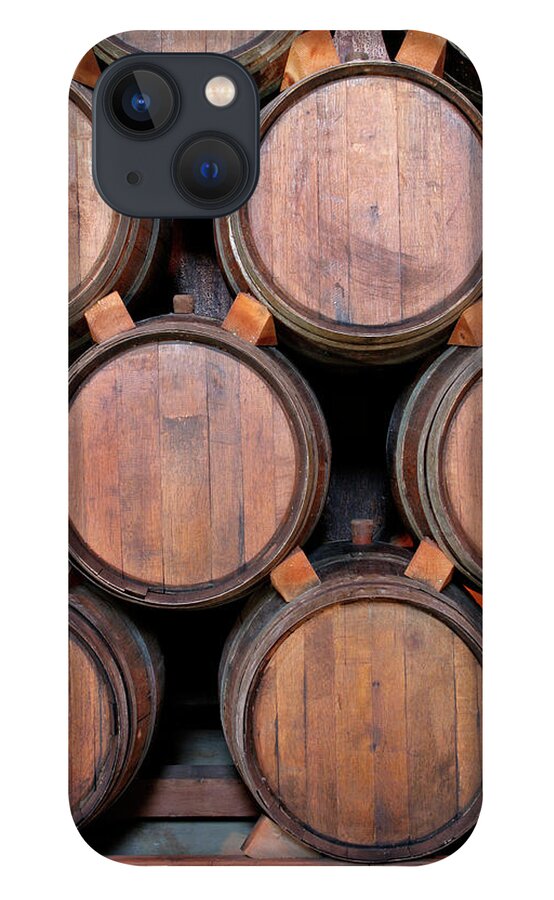 Fermenting iPhone 13 Case featuring the photograph Wine Barrels Stacked Inside Winery by Yinyang