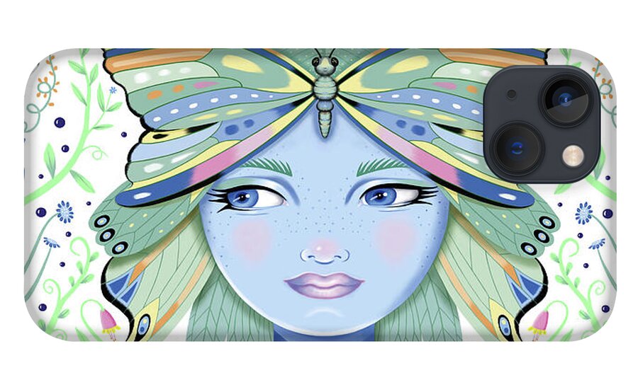 Fantasy iPhone 13 Case featuring the digital art Insect Girl, Winga - Oblong White by Valerie White