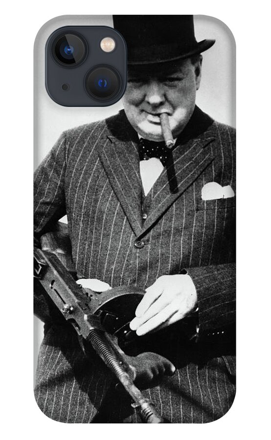 Winston Churchill iPhone 13 Case featuring the painting Winston Churchill with Tommy Gun by English School
