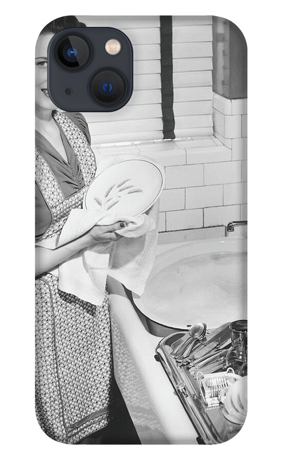 Three Quarter Length iPhone 13 Case featuring the photograph Woman Drying Dishes At Kitchen Sink by George Marks