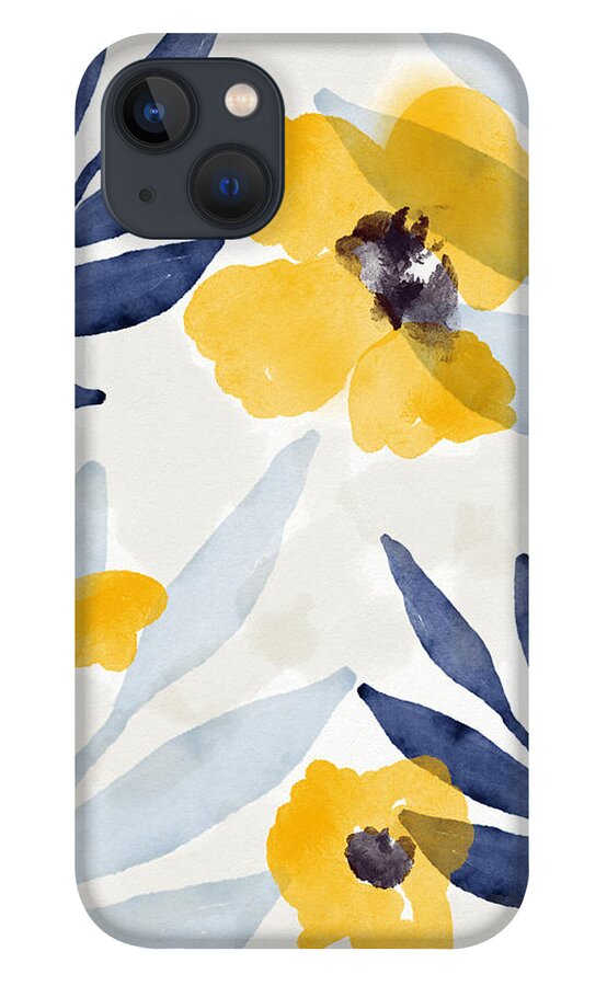 Flowers iPhone 13 Case featuring the mixed media Yellow and Navy 1- Floral Art by Linda Woods by Linda Woods