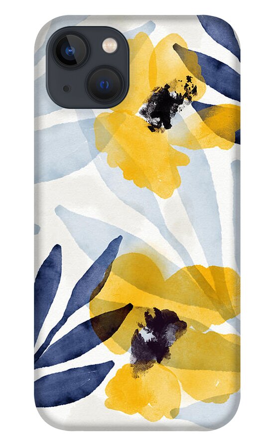 Flowers iPhone 13 Case featuring the mixed media Yellow and Navy 2- Floral Art by Linda Woods by Linda Woods