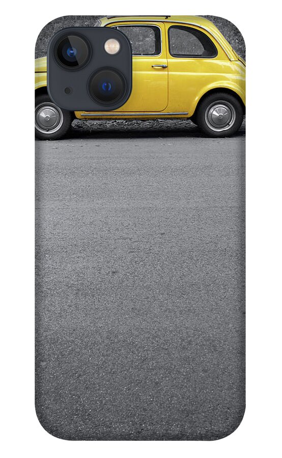 Sparse iPhone 13 Case featuring the photograph Yellow Vintage Car On Grey, rome Italy by Romaoslo