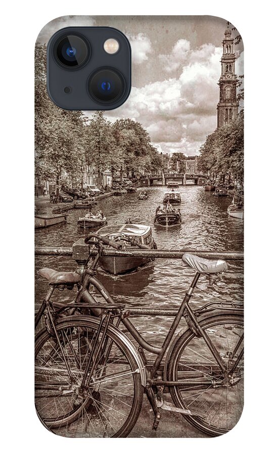 Boats iPhone 13 Case featuring the photograph Bicycles on the Canals II in Vintage Sepia #1 by Debra and Dave Vanderlaan