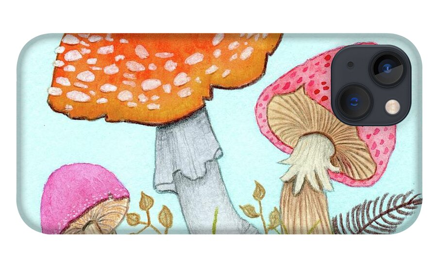Retro Mushrooms iPhone 13 Case featuring the painting Retro Mushrooms 3 by Donna Mibus