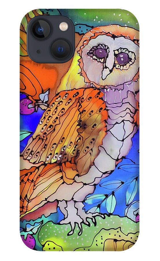 Hand Painted Silk iPhone 13 Case featuring the painting The Owl #1 by Karla Kay Benjamin