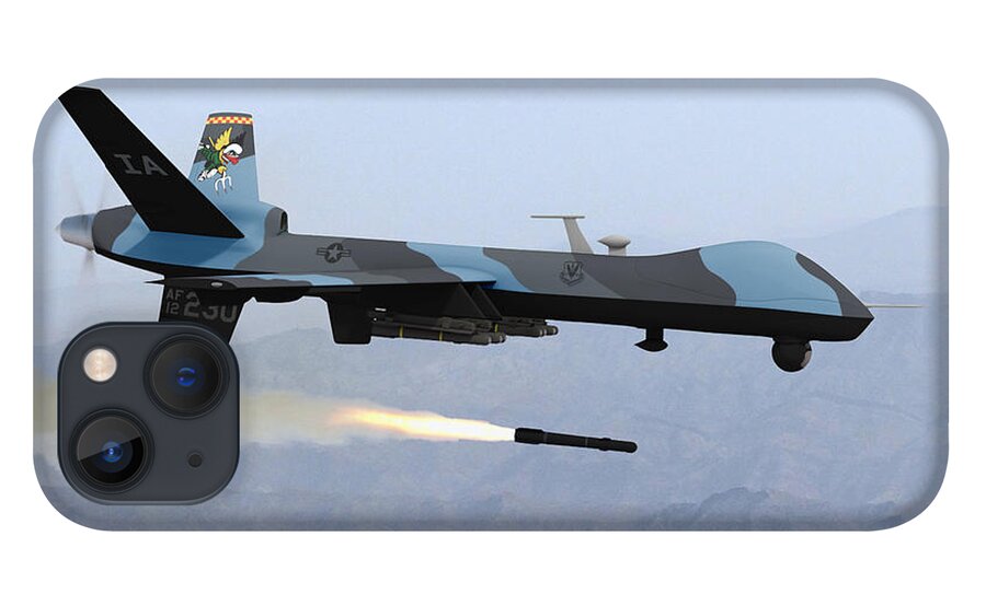 Reaper iPhone 13 Case featuring the digital art MQ-9 Reaper Firing Hellfire Missile by Custom Aviation Art