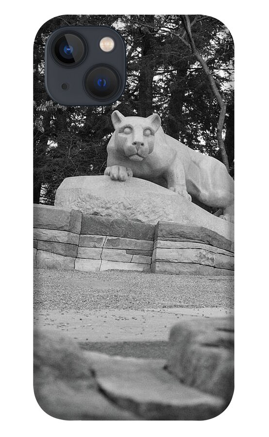 State College Pennsylvania iPhone 13 Case featuring the photograph Nittany Lion Shrine at Penn State University in black and white by Eldon McGraw