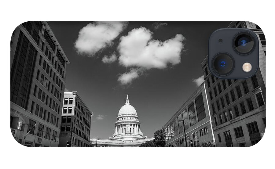 United States Of America iPhone 13 Case featuring the photograph Wisconsin state capitol building in Madison Wisconsin in black and white by Eldon McGraw