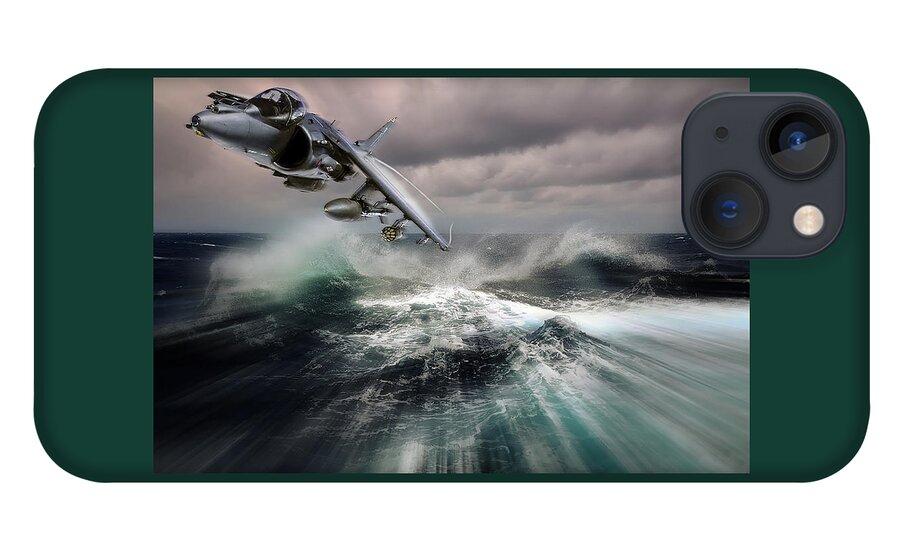 Harrier iPhone 13 Case featuring the digital art British Aerospace Harrier II GR9 Low Pass by Custom Aviation Art