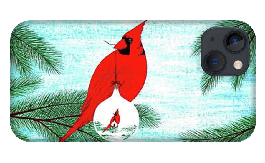Red iPhone 13 Case featuring the painting A Cardinal to Remember,A Christmas to Remember by Doug Miller
