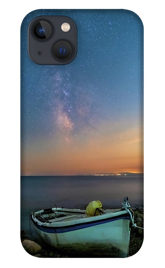Milky Way iPhone 13 Case featuring the photograph A Fishing Boat under the Milky Way by Alexios Ntounas