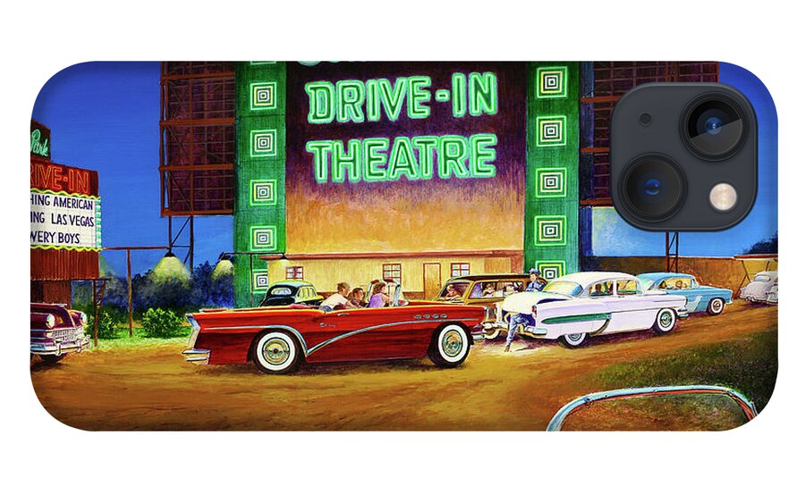 Fifties Summer Remembered South Park Drive-in Theatre Theater Neon Lights 1950 iPhone 13 Case featuring the painting A Summer Remembered by Randy Welborn