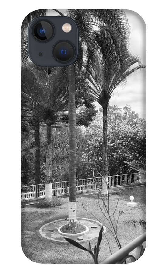 All iPhone 13 Case featuring the digital art A View of Backyard from Patio Black and White KN63 by Art Inspirity
