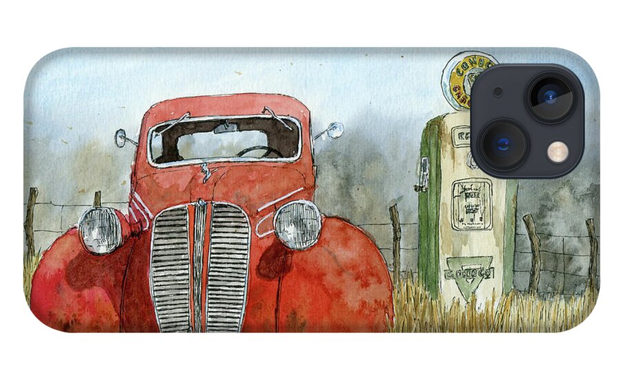 Classic Car iPhone 13 Case featuring the painting Abandoned 1937 Dodge and Gas Pump by David King Studio
