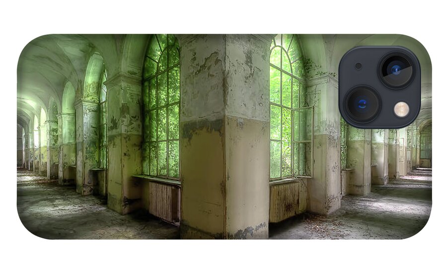 Urban iPhone 13 Case featuring the photograph Abandoned Green Hallway by Roman Robroek