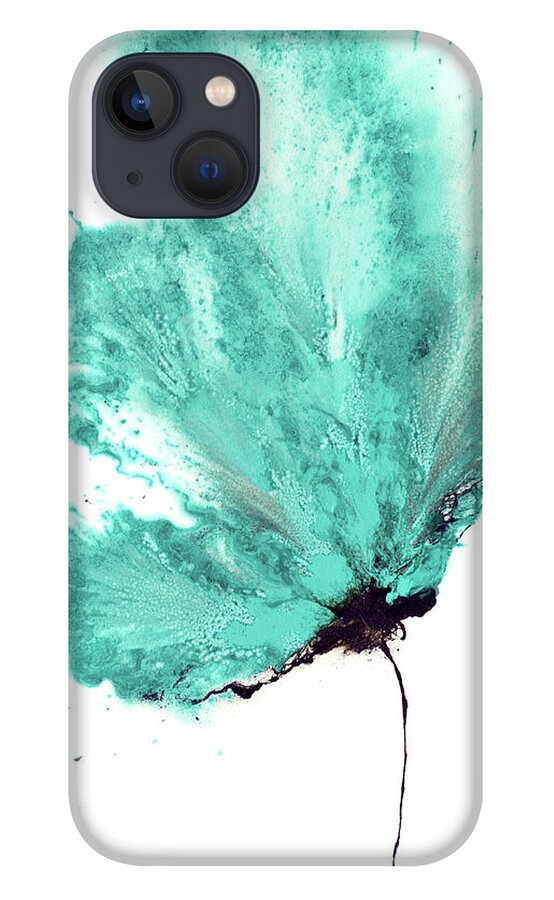 Teal Abstract Art iPhone 13 Case featuring the painting Abstract Butterfly Bloom Teal Brown by Catherine Jeltes