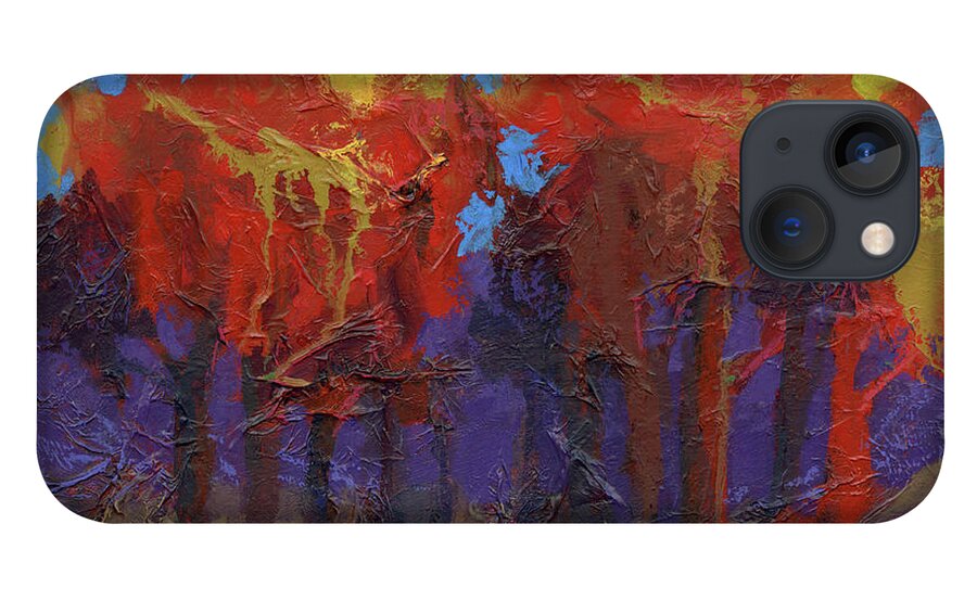 Abstract iPhone 13 Case featuring the mixed media Abstract Trees - Red Autumn by David King Studio