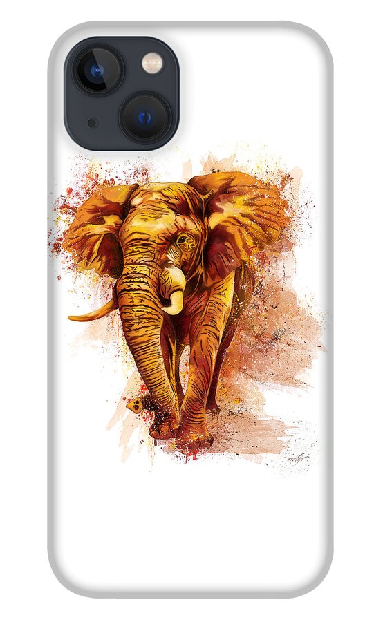 African Elephant iPhone 13 Case featuring the painting African elephant splatter painting, orange and yellow elephant by Nadia CHEVREL
