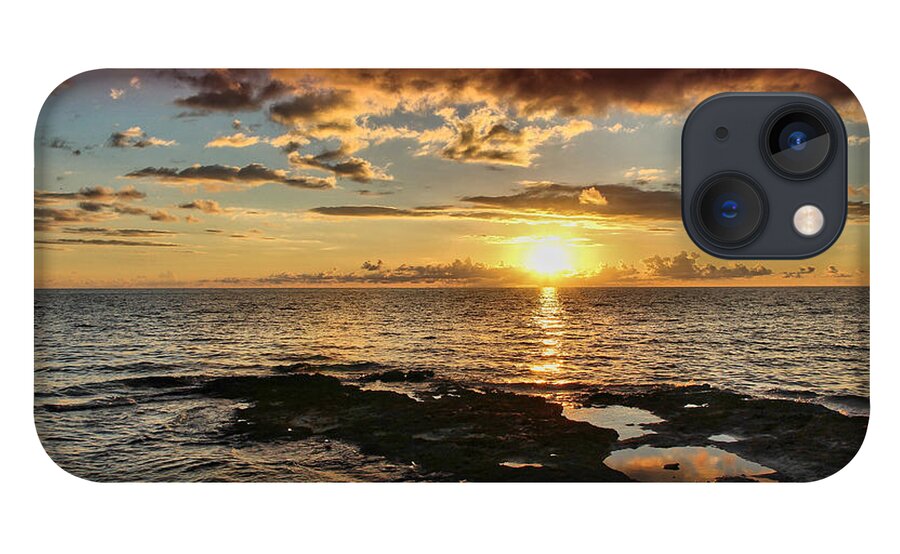 Sun Sunrise Rise Dawn Morning Water Clear Waves Rocks Red Orange Reflections Atlantic Florida iPhone 13 Case featuring the photograph Amanecer by Montez Kerr
