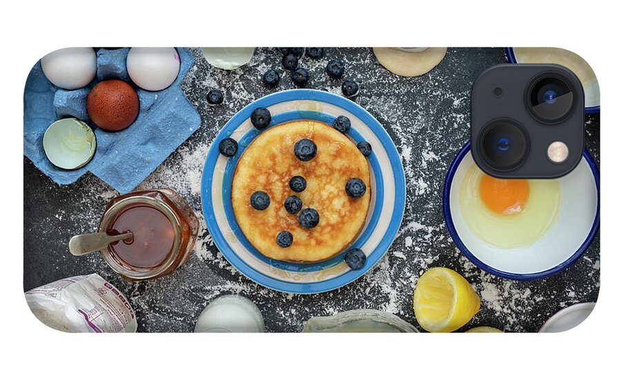 American Style Pancakes iPhone 13 Case featuring the photograph American Pancakes and Ingredients Pattern by Tim Gainey