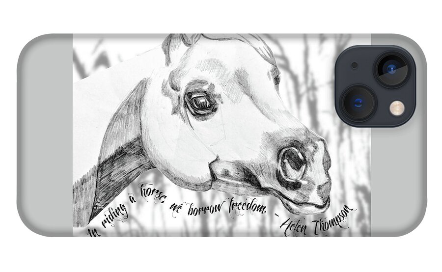 Illustration iPhone 13 Case featuring the mixed media Arabian Horse Head with Quote by Equus Artisan