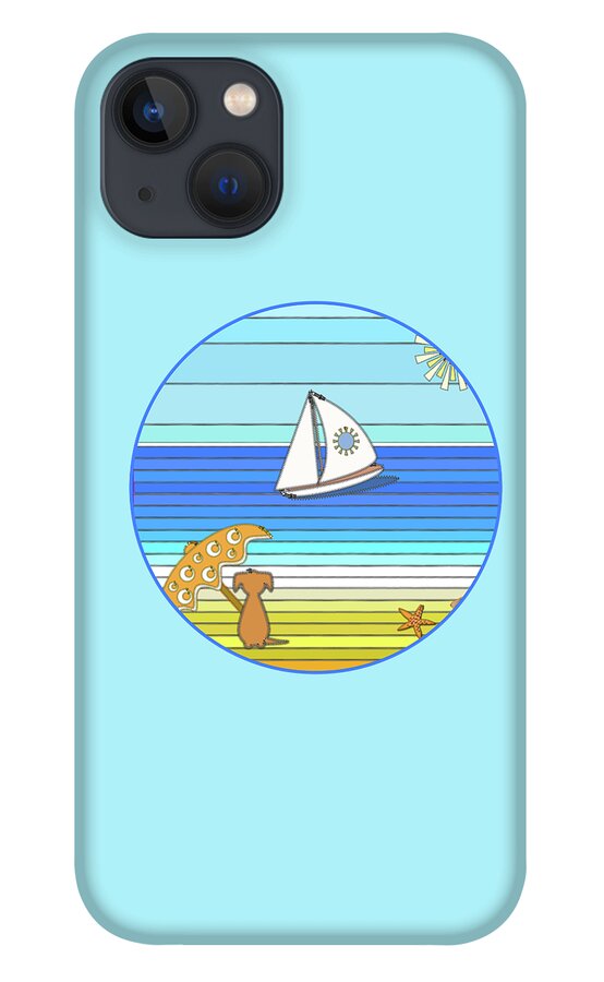 Dog iPhone 13 Case featuring the digital art Dog on Beach - Parasol in Paradise by Barefoot Bodeez Art