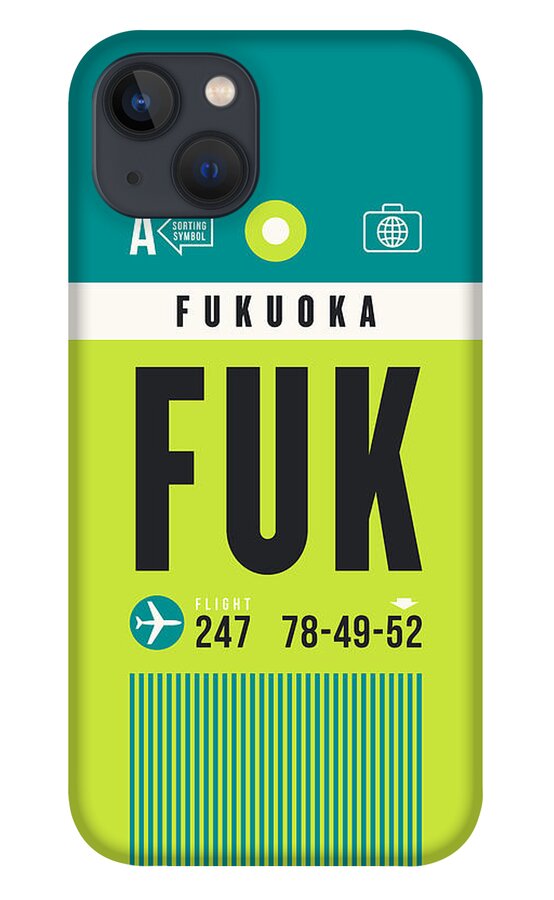 Airline iPhone 13 Case featuring the digital art Luggage Tag A - FUK Fukuoka Japan by Organic Synthesis