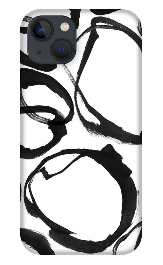 Black iPhone 13 Case featuring the painting Ink Rings 2 Black and White Abstract Painting by Janine Aykens