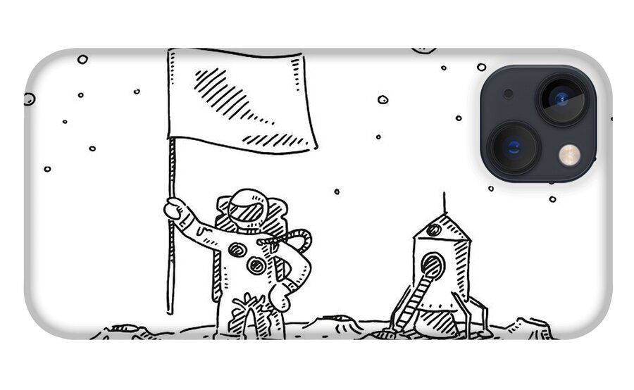 Sketch iPhone 13 Case featuring the drawing Astronaut Landing On Moon Flag Drawing by Frank Ramspott