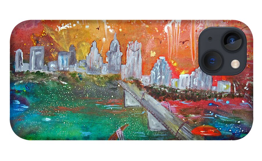 City Town Building iPhone 13 Case featuring the painting Austin on the Fourth of July by Genevieve Holland