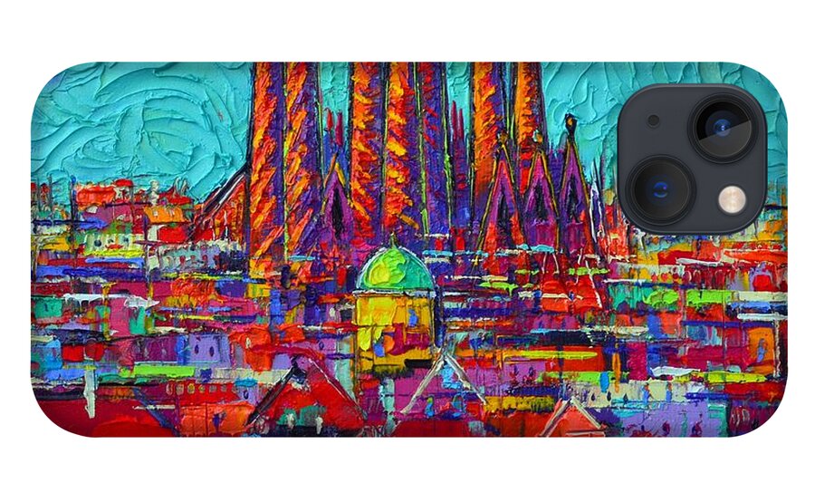 Barcelona iPhone 13 Case featuring the painting Barcelona Abstract Cityscape - Sagrada Familia by Ana Maria Edulescu