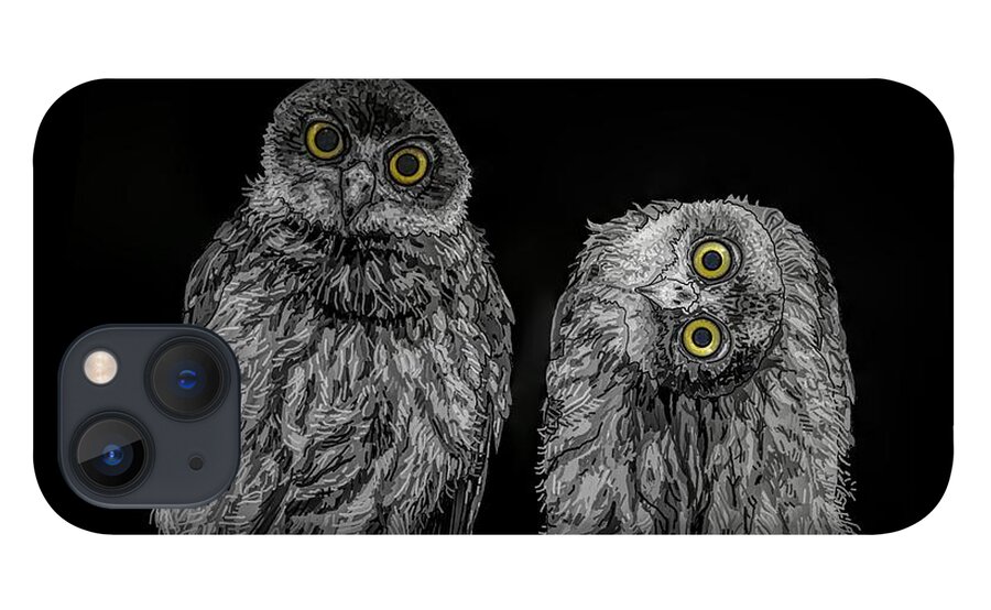 Portrait iPhone 13 Case featuring the drawing Barking Owls Black And White by Joan Stratton