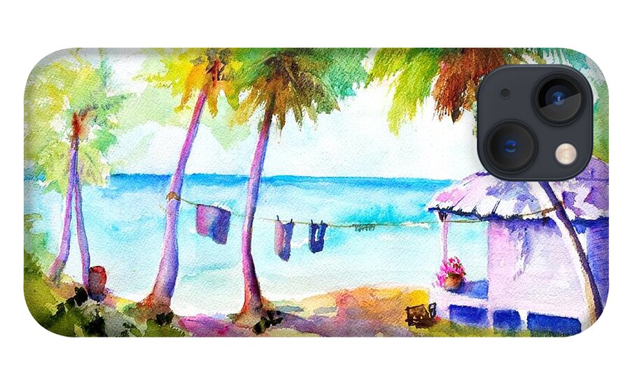 Troical iPhone 13 Case featuring the painting Beach House Tropical Paradise by Carlin Blahnik CarlinArtWatercolor