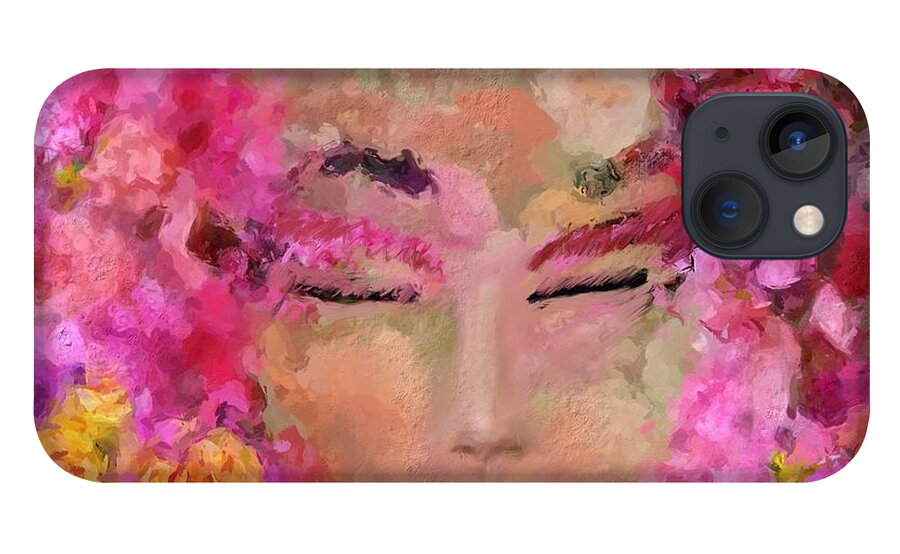 Red iPhone 13 Case featuring the digital art Beautiful face on Flowers background  by Doron B