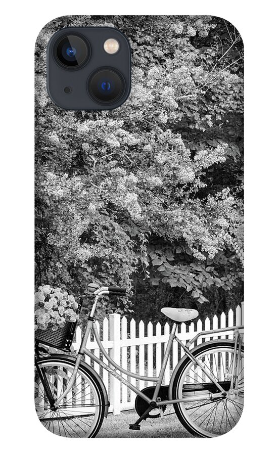 Carolina iPhone 13 Case featuring the photograph Bicycle by the Garden Fence Black and White by Debra and Dave Vanderlaan
