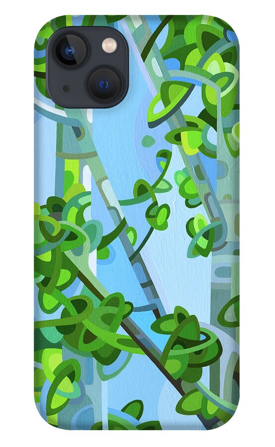 Summer Birch Forest Green Grey Blue Dappled Light iPhone 13 Case featuring the painting Birch Light by Mandy Budan