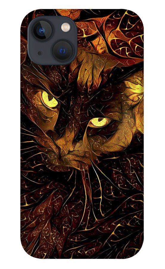 Black Cat iPhone 13 Case featuring the digital art Black and Gold Cat by Peggy Collins