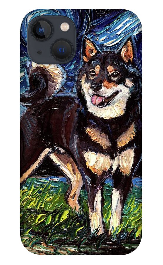 Shiba Inu iPhone 13 Case featuring the painting Black and Tan Shiba Inu Night by Aja Trier