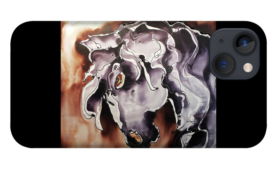 Hand Painted Silk iPhone 13 Case featuring the painting Black and white horse at dusk by Karla Kay Benjamin