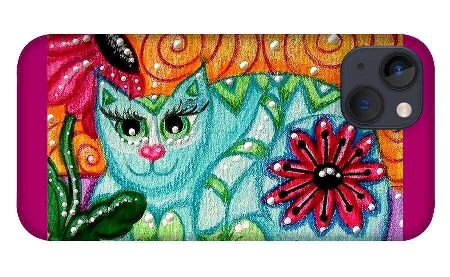 Whimsical Cat Painting iPhone 13 Case featuring the painting Blue Green Whimsical Cal by Monica Resinger